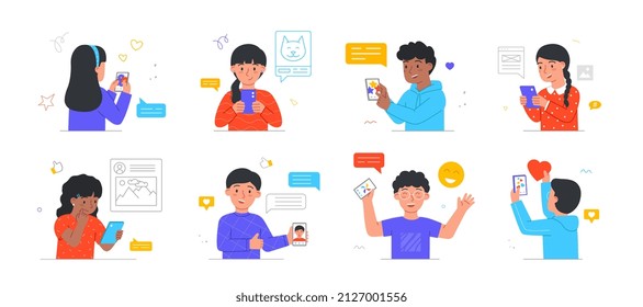 Niños publicando y comentando en las redes sociales. Niños y niñas con smartphones en sus manos publican fotos, comparten opiniones y similares. Colección vectorial plana de dibujos animados aislada en fondo blanco