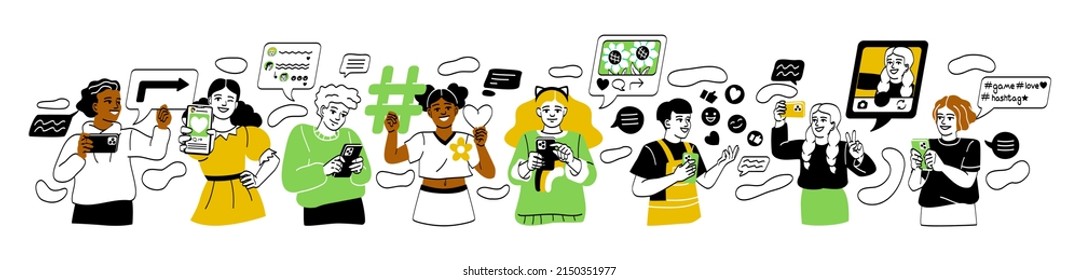 Kids posting and commenting on social network. Set of boys and girls hold smartphone in hands and communicate online. Modern technologies. Cartoon flat vector collection isolated on white background