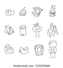 Kids Potty Training Icon Set. Vector Linear Doodle Elements. Toilet Training And Hygiene Concept.