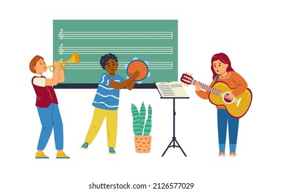 Kids practice guitar, tambourine and trumpet at music class. Children music band play a song. Cartoon flat vector illustration.