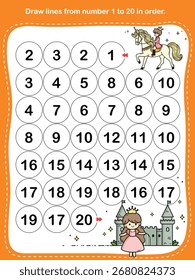 Kids practice number order and counting by drawing lines from 1 to 20 in the correct sequence. Great for early math skills.