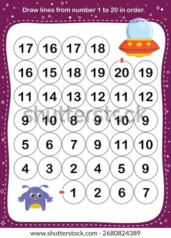 Kids practice number order and counting by drawing lines from 1 to 20 in the correct sequence. Great for early math skills.