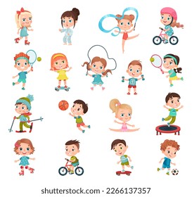 Kids Practicing Different Sports and Physical Activities In Education Class Gym and Outdoors Vector Set