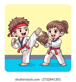 Niños practicando Karate Breaking Tablero, linda ilustración de dibujos animados para el entrenamiento de artes marciales