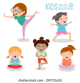 kids Practicing Yoga ,  happy cartoon kids Practicing Yoga , Yoga set. Yoga exercises. Healthy lifestyle on white background , Vector illustration