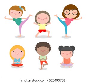 Kids Practicing Yoga , Happy Cartoon Children Practicing Yoga , Child Yoga Exercises. Healthy Lifestyle On White Background, Vector Illustration