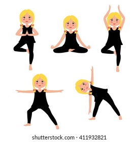 Kids Practicing Yoga set. Young girl  Practicing Yoga. Children yoga. Colorful Yoga kids set. Kids doing yoga poses in flat style. Cute girl doing yoga isolated on white. Young girl doing yoga set.