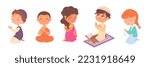 Kids pray set vector illustration. Cartoon isolated young prayers of different religions sitting on knees to ask God, little Christian girl and Muslim boy wish and hope, cute monk meditating