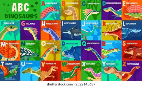 Alfabeto pré-histórico de dinossauros com espécies de dino para cada letra. Fonte abc educativa vetorial para animais répteis antigos aprendendo com herbívoros, carnívoros, terrenos ou criaturas subaquáticas