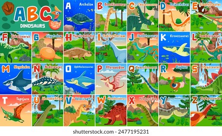 Urzeitliches Dinosaurieralphabet für Kinder. Vektorgrafik Bunte Bildungs-Dino ABC, präsentiert eine Vielzahl von Reptilien, die jeweils einem anderen Buchstaben des Alphabets entsprechen. Dinosaurier in ihrem natürlichen Lebensraum