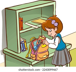 kids preparing his school bag cartoon vector