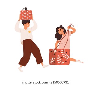 Kids preparing holiday gifts. Children packing present with ribbon and bow. Happy smiling girl and boy friends during surprises preparation. Flat vector illustration isolated on white background