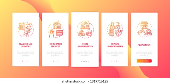 Kids preschool center types onboarding mobile app page screen with concepts. Teacher led services. Walkthrough 5 steps graphic instructions. UI vector template with RGB color illustrations
