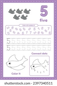 Kids preschool page with many exercises. Learn number five. Coloring, tracing stingray