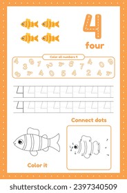 Kids preschool worksheet with many exercises. Learn number four. Coloring, tracing fish