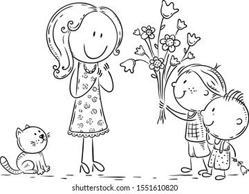 Kids presenting flowers to their mother or teacher, outline cartoon illustration