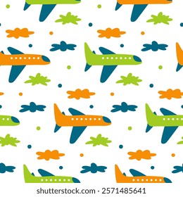 Kid's print with airplanes. Air transport pattern for boyish nursery design. Childish seamless wallpaper. Hand drawn planes, Cartoon vehicle for baby textile ornament, toddler clothes, baby products.