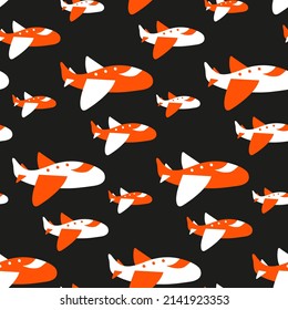 Kids print with airplanes. Infant pattern with jets for children's fabric design. Cartoon transport for boy print. Seamless contrasting orange white texture on black background for planes wallpaper.