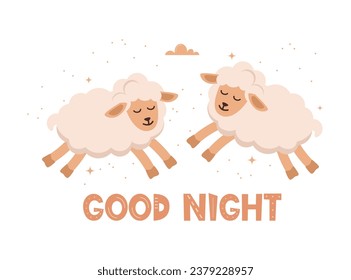 Kids print art with cute lambs and the text Good night. White background with cartoon sheeps, stars. Kids poster for decoration of the children's room. Vector illustration