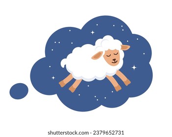 Kids print art night with a cute lamb and the text Good night. Dark background with cartoon sheep, stars. Kids poster for decoration of the children's room. Vector illustration