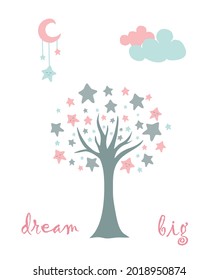 Kids print art, kids poster, design for newborn, children's wallpapers. Gray tree and stars, clouds, moon. Vector illustration in gray, pink, blue colours in flat style.