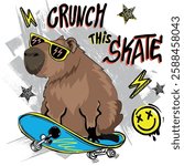 kids print with capybara on skateboard. Typography print for kids . Original design . print for T-shirts, textiles and more