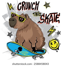 kids print with capybara on skateboard. Typography print for kids . Original design . print for T-shirts, textiles and more