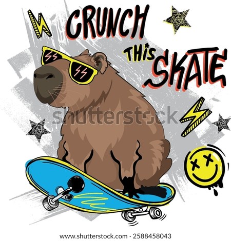 kids print with capybara on skateboard. Typography print for kids . Original design . print for T-shirts, textiles and more