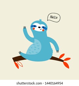 Kids print card template with blue sloth. Cartoon hand drawn vector illustration in red, yellow and blue. For birthday, anniversary, party invitations, apparel.