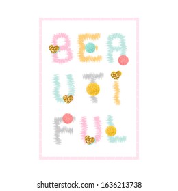 Kids print with glitter elements and pompons. Vector hand drawn illustration. 