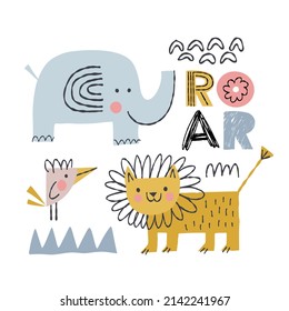 Kids print with a lion, an elephant and a bird in a simple cartoon style. African animals and text for printing on children's clothes, textiles, postcards, toys.