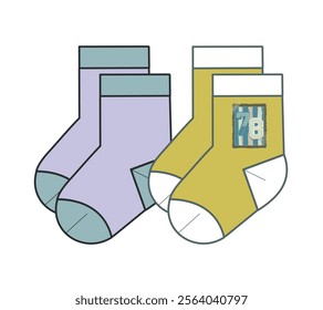 Kids print socks flat sketch vector mockup template.