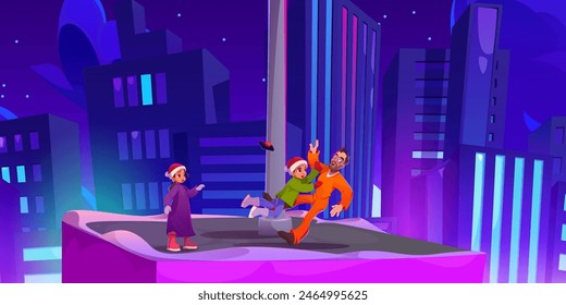 Kids and prisoner on night city building roof cartoon background. Urban landscape view with children hero catch man on skyscraper rooftop. Starry sky and high real estate exterior of hotel concept