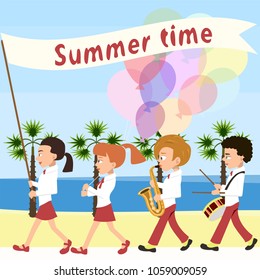 kids procession with baloons and music  at seashore - vector cartoon illustration in flat style