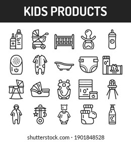 Kids products black line icons set. Isolated vector element. Outline pictograms for web page, mobile app, promo