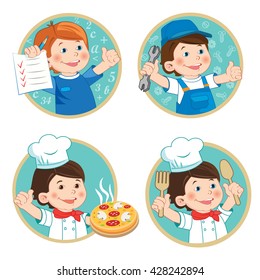 Kids Profession Education Cartoon Vector Set. School Boy Holding Up His Grades. Happy Boy Mechanic In Work Clothes. Young Boy Chef With Pizza.