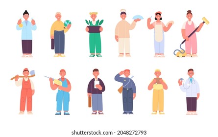 Kids in profession. Occupation children, professions different characters. Isolated young workers, cartoon kid in uniform utter vector set