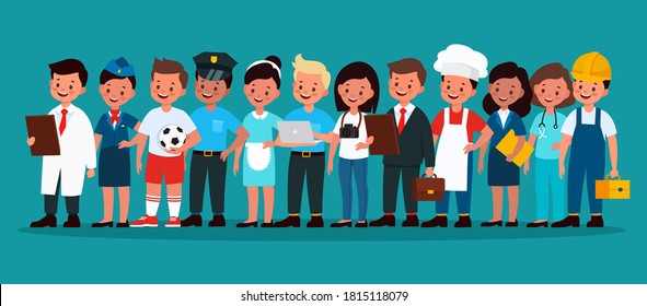 Kids Professional Group. Children Football Player, Builder And Policeman, Stewardess, Chef And Doctor, Programmer And Photographer In Uniform Vector Flat Cartoon Concept