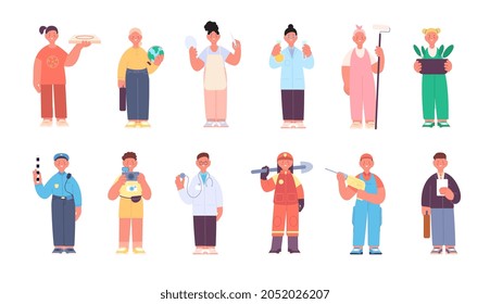 Kids in professional uniform. Cartoon cute kids professions, child occupation. Different toddler in costumes, isolated young workers utter vector set