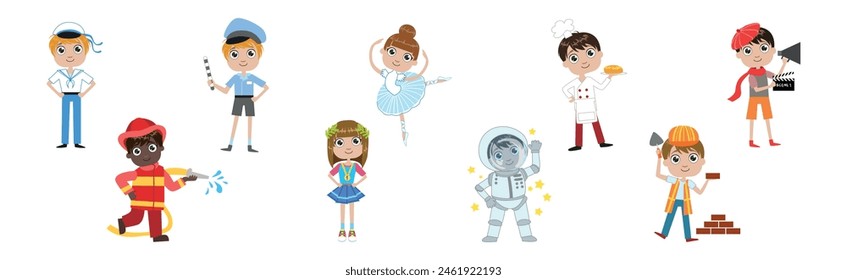 Kids in Professional Wear Demonstrate Different Job Vector Set