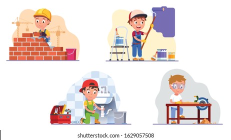 Kids professional workers. Builder brickwork, wall painter, plumber fixing sink drain pipes, carpenter do woodwork using table saw. Children craftsman work set. Flat vector character illustration