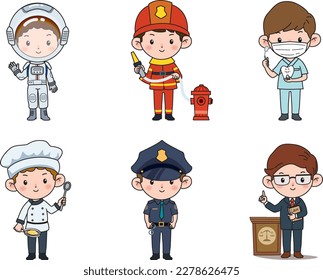 Kids professions. Cartoon cute children dressed in different occupation uniform. Vector characters with jobs different occupation.