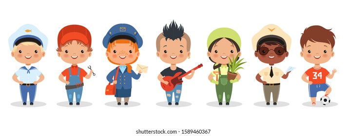 Kids professions. Cartoon happy children different professions vector characters