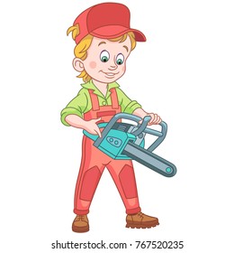 Kids in Professions. Cartoon Lumberjack with petrol chain saw. Colorful book page design for children.