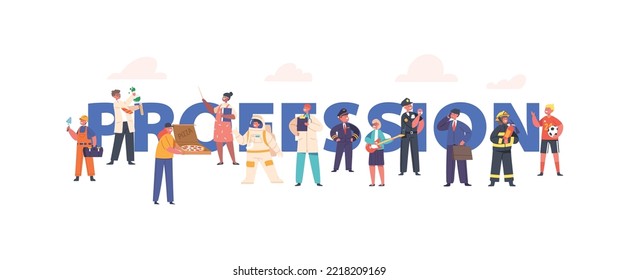 Kids Professions Concept. Scientist, Police Officer, Doctor And Teacher. Businessman, Firefighter, Builder And Courier. Astronaut, Musician, Pilot And Football Player Cartoon Poster, Banner or Flyer