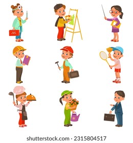 Kids professions. Funny little children. Different professional uniforms. Doctor and builder. Businessman holding briefcase. Tennis sportsman. People occupation. Splendid