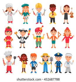 Kids and professions icons set with doctor teacher and policeman flat isolated vector illustration 