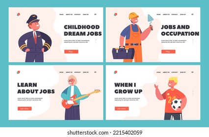 Kids Professions Landing Page Template Set. Builder, Musician, Pilot and Soccer Player. Concept with Children wear Costumes of Different Job Occupation, Children Employees. Cartoon Vector Illustration