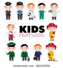 Kids professions set. Isolated doctor person, pilot boy, fireman kid, chef child, policeman in uniform. Job icon collection. Work professions, professional occupations vector illustration