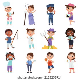 Kids professions, young painter, doctor and cook characters. Children in costumes of different professions vector illustration set. Cartoon kids choosing occupations. Boys and girls wearing uniform